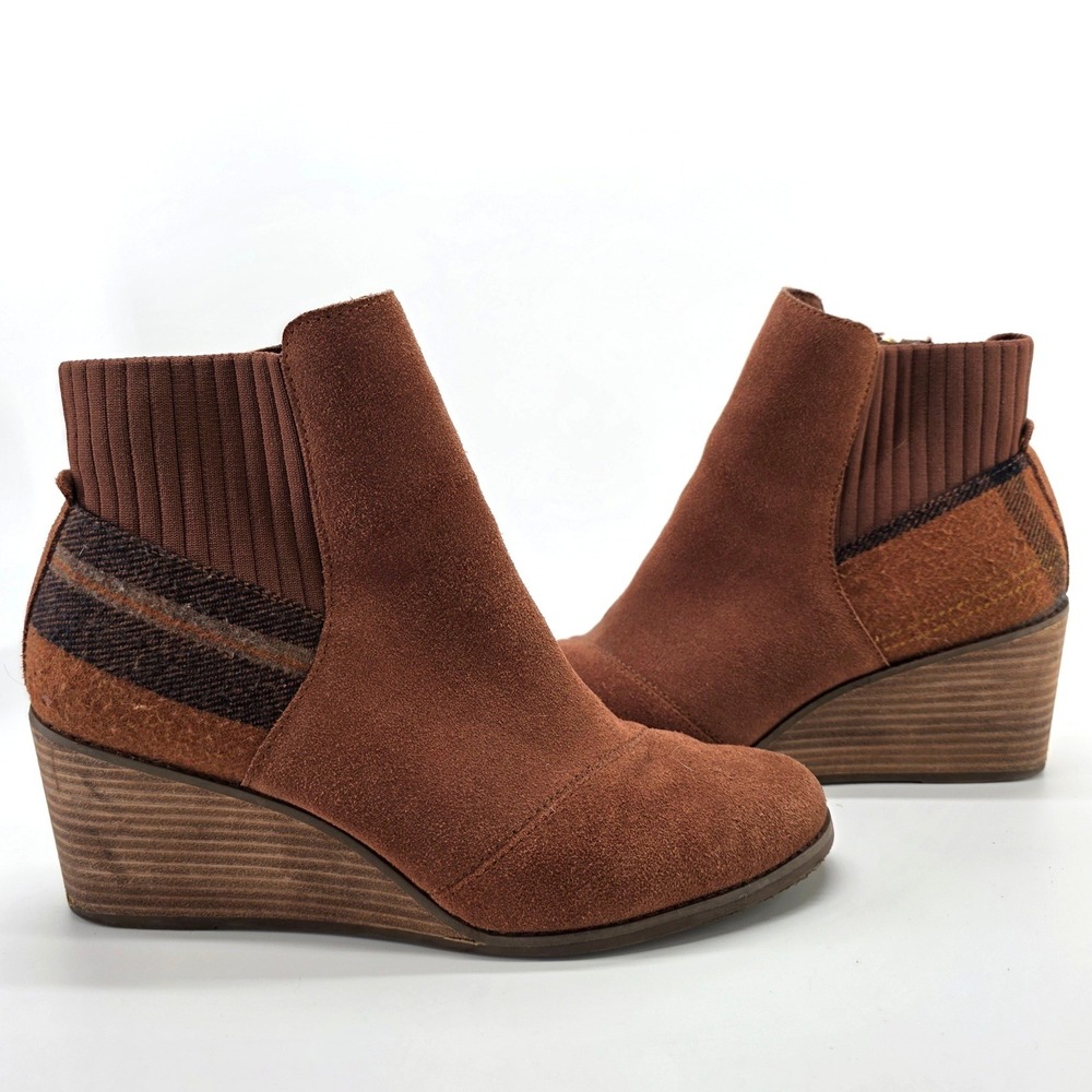 TOMS Sadie Suede Booties Plaid Blanket Cognac Wedge Ankle Boot 10 Academia Aztec